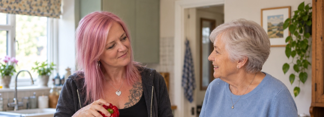 Two women enjoying a conversation while unpacking groceries in a home kitchen